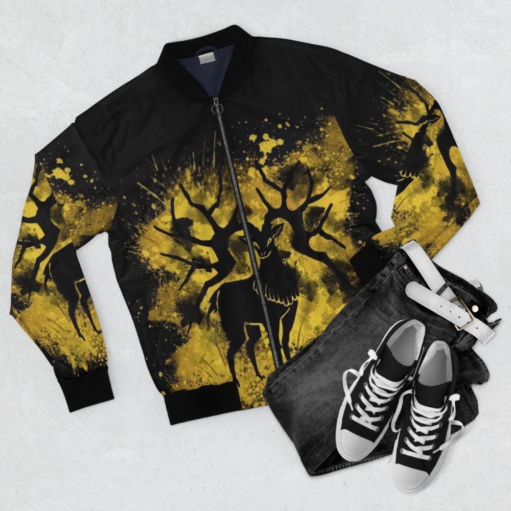 Golden Deer Bomber Jacket with Fire Emblem Inspired Design - Flat lay