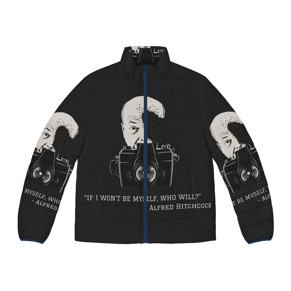 Alfred Hitchcock quote puffer jacket for fans of the iconic director