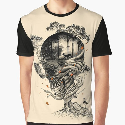 Lost Translation graphic t-shirt featuring a surrealist design with a skull, flora, deer, and other nature elements in black, white, and red.