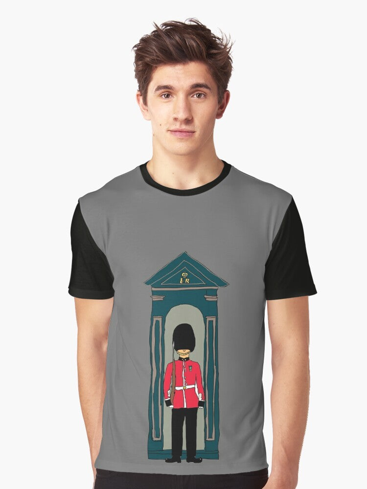 British Guardsman Graphic T-Shirt featuring a soldier wearing a bearskin hat and standing in a sentry box in front of Buckingham Palace, London, UK. - Men