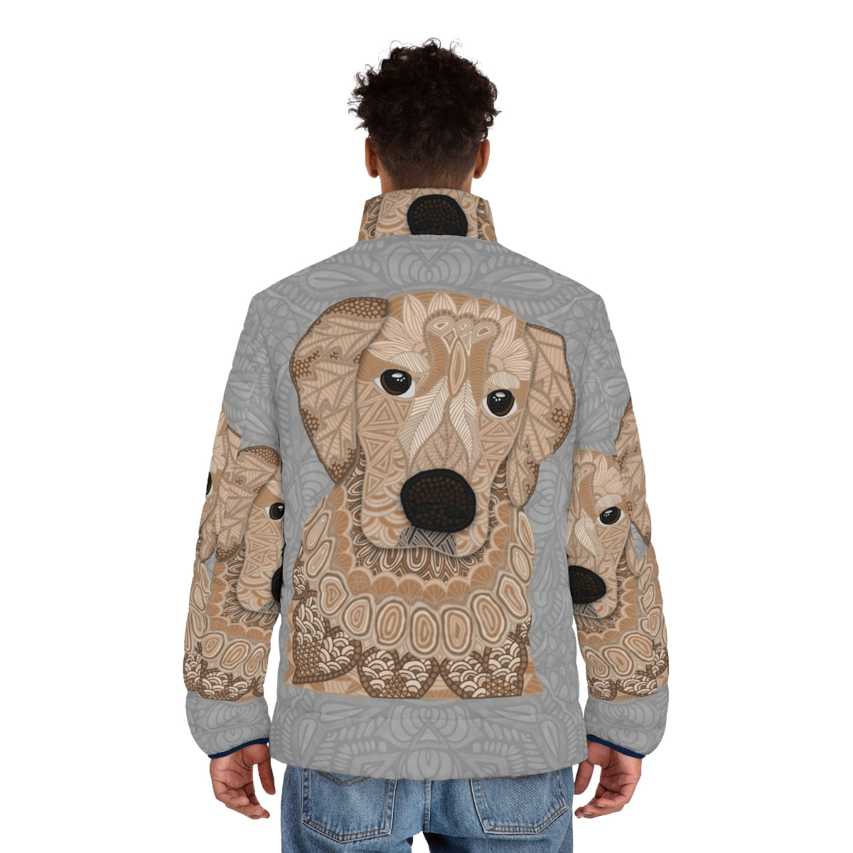 Golden Retriever wearing a gray puffer jacket with an intricate, ornate pattern - men back