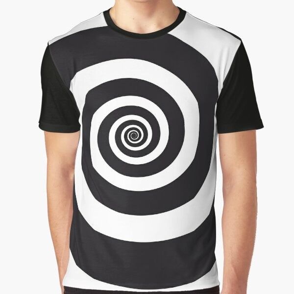 Spiral hypnotic visual illusion black and white graphic t-shirt design with mind control theme