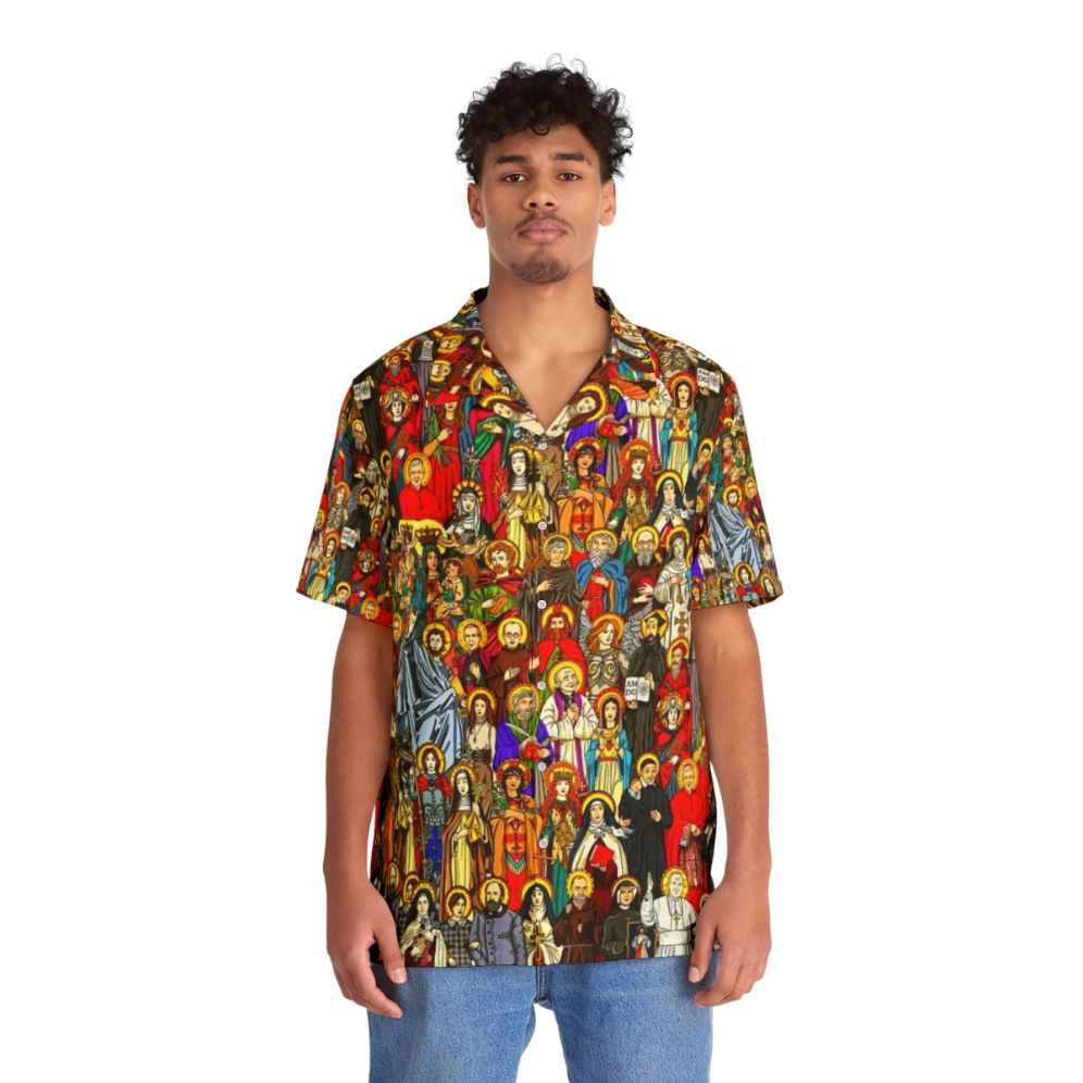 Catholic Saints Hawaiian Shirt with religious imagery - People Front