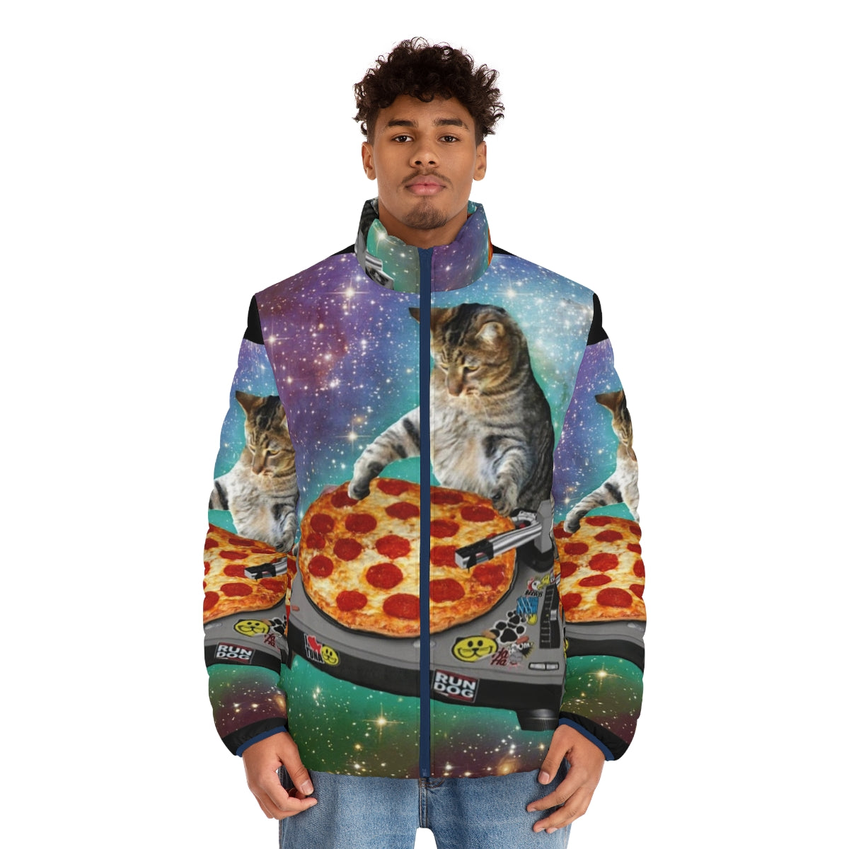 Dj cat pizza puffer jacket with a hilarious meme design - men front