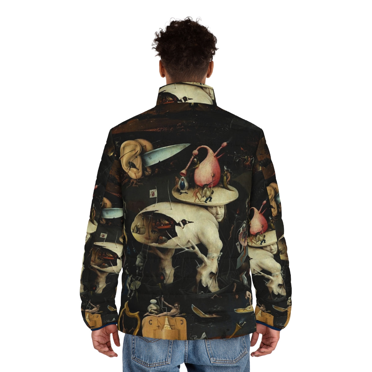 Hieronymus Bosch inspired puffer jacket featuring surreal, fantasy, and Christian imagery - men back