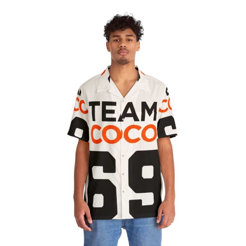 Team Coco Football Jersey Style Hawaiian Shirt featuring Conan Obrien's logo - People Front