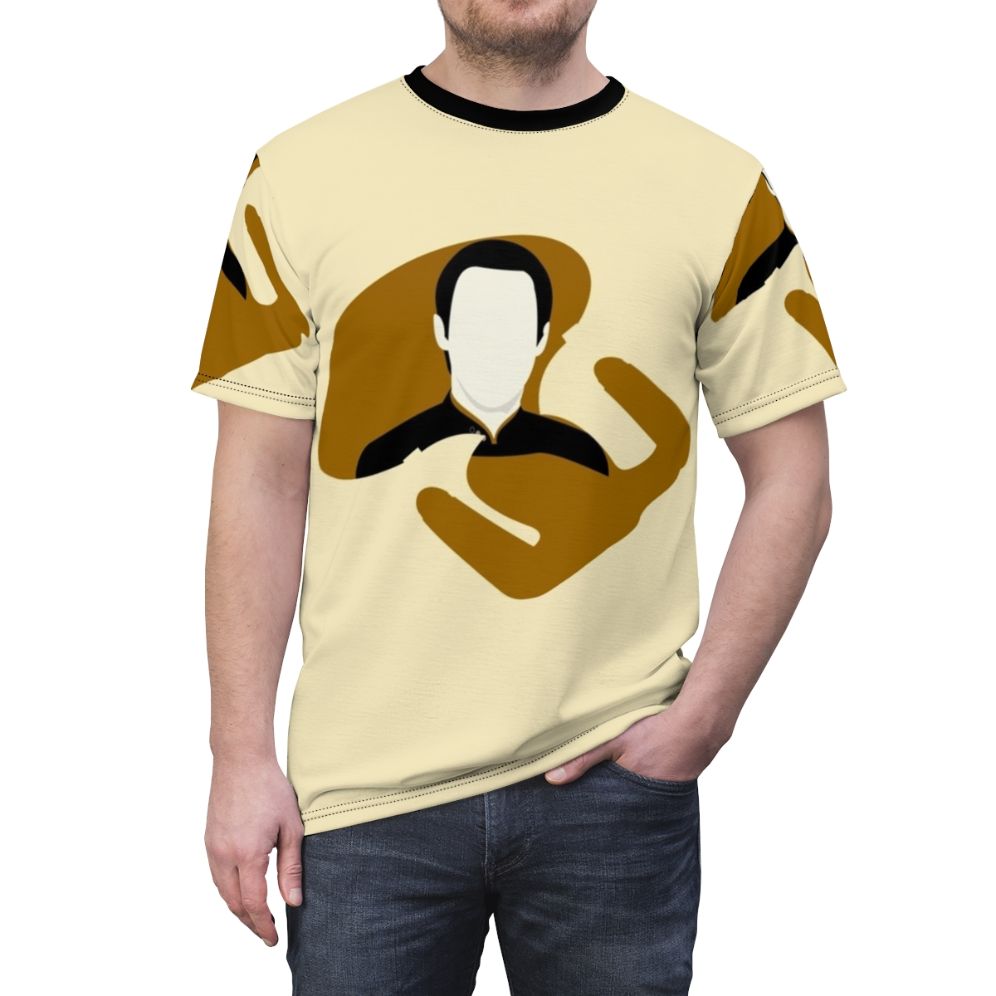 Person wearing a t-shirt with an android and Star Trek inspired design. - men front