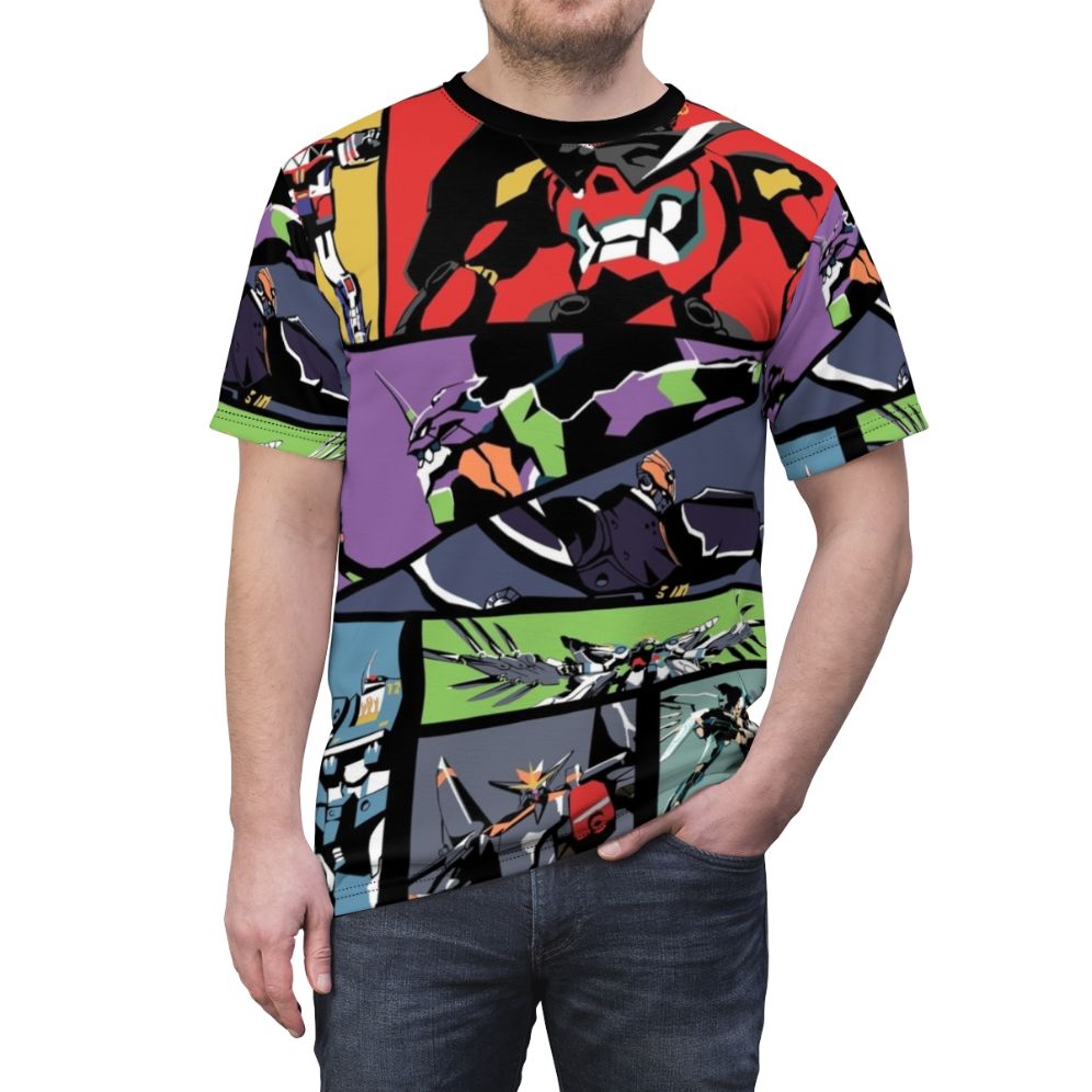 Anime-inspired t-shirt featuring a super robot, mecha, and other giant robot designs - men front