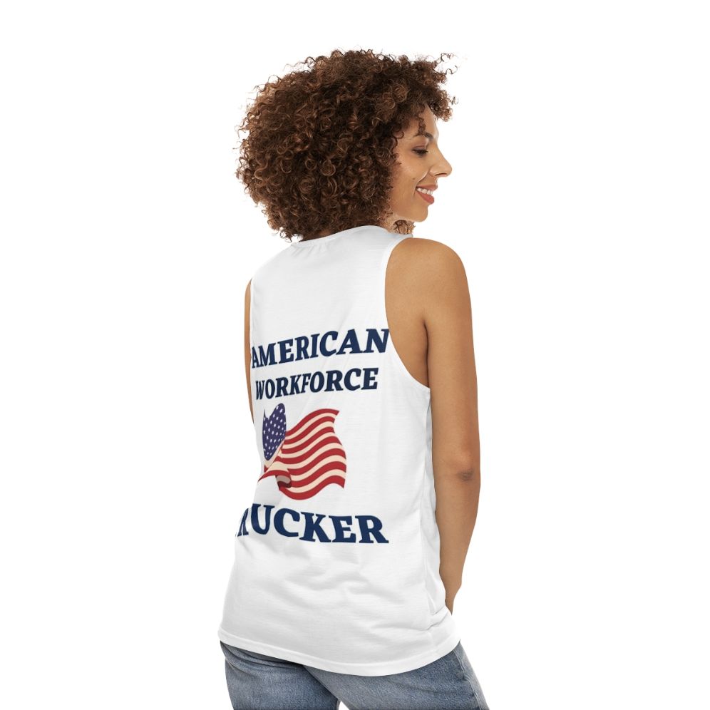 Patriotic trucker tank top with American workforce slogan - women back