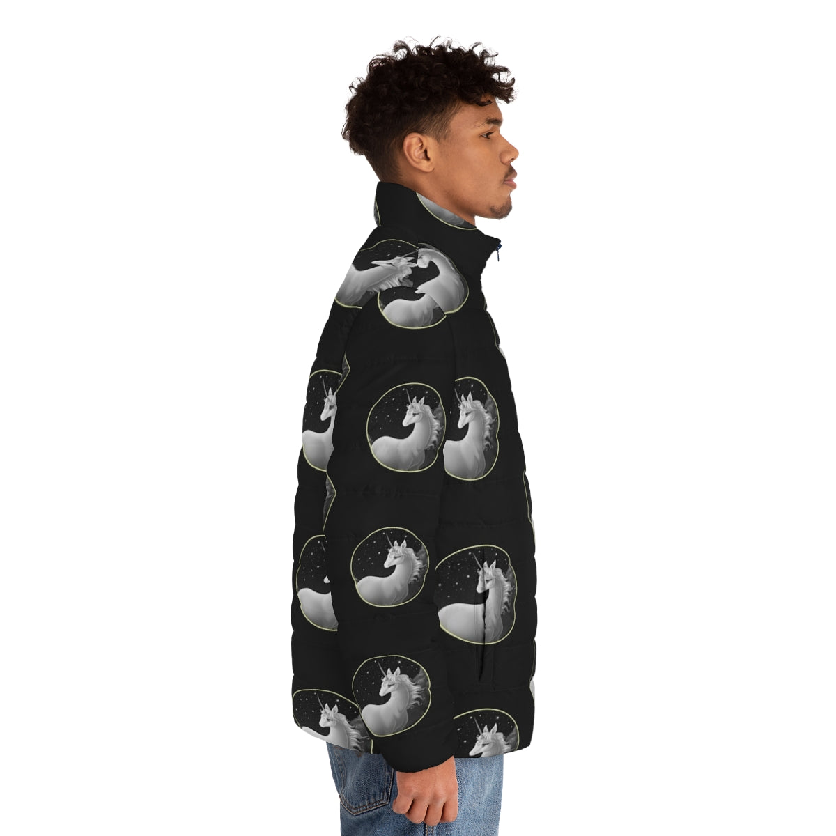 The Last Unicorn Illustration Puffer Jacket featuring a whimsical unicorn design - men side right