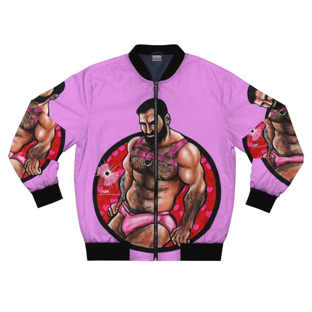 A bomber jacket with a "bullethole" design, featuring a gay muscle bear theme for Valentine's Day.