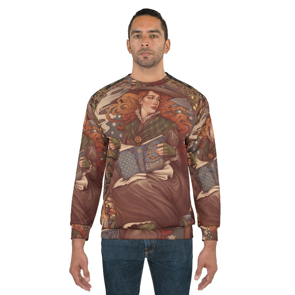 Gothic witchcraft nouveau style sweatshirt with nature-inspired elements - men