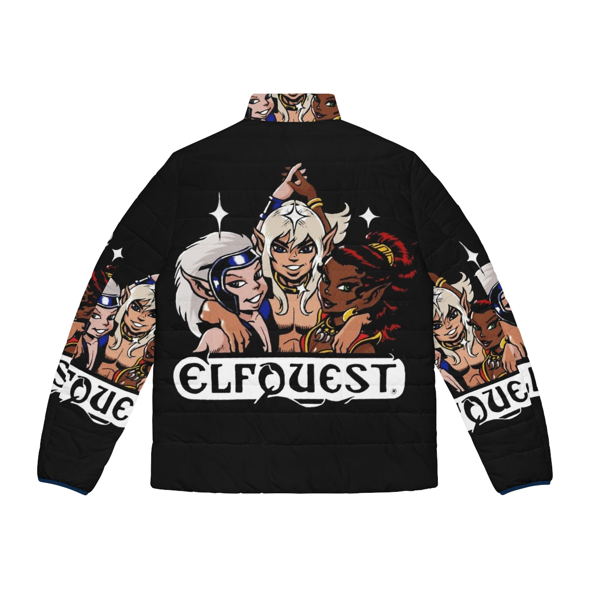 Elfquest Retro Puffer Jacket featuring fantasy characters and vintage comic art - Back