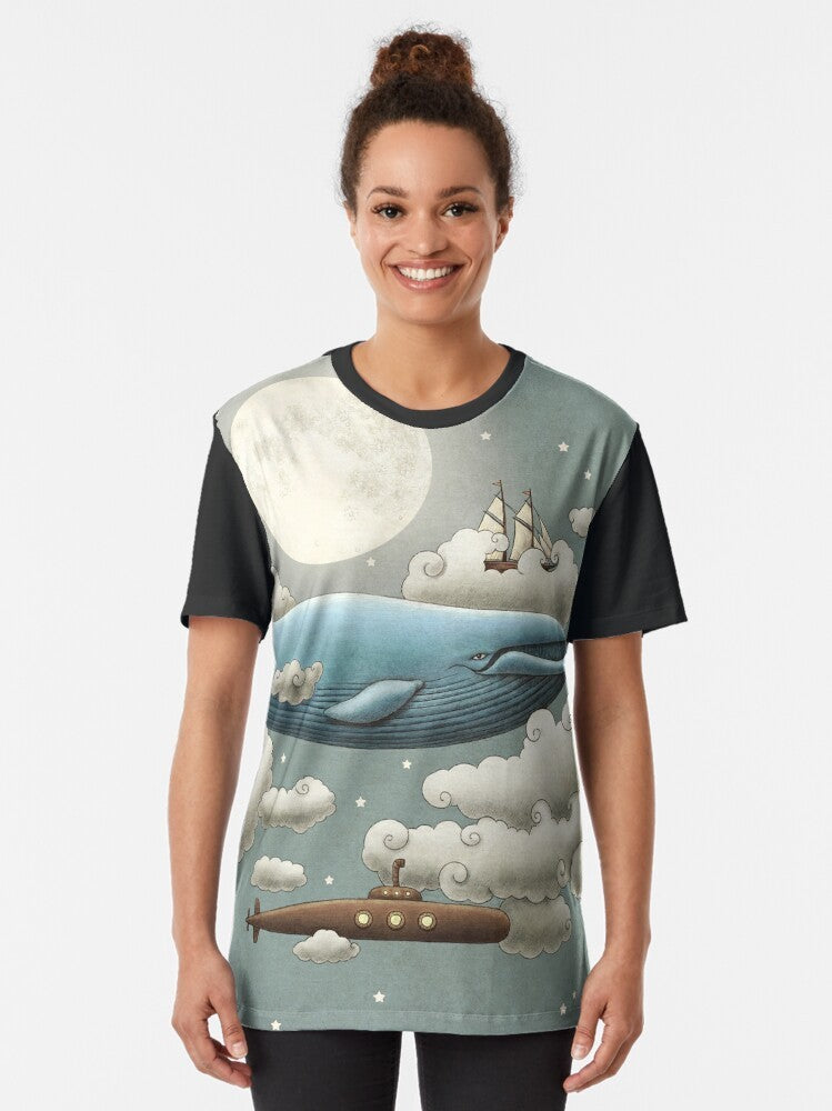 A whimsical graphic t-shirt design featuring an ocean scene with a blue whale, tall ships, and a starry sky. - Women