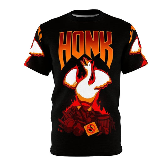 Honk geese gaming t-shirt design featuring a goose character in a heavy metal inspired style