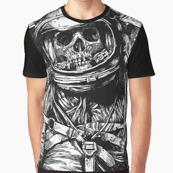 Haunting dead astronaut graphic t-shirt design with space, horror, and sci-fi elements