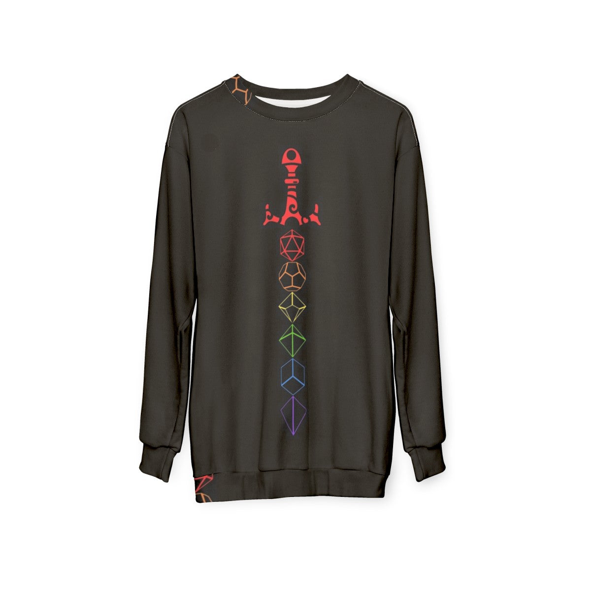 Rainbow dice sword tabletop RPG gaming sweatshirt - hanging