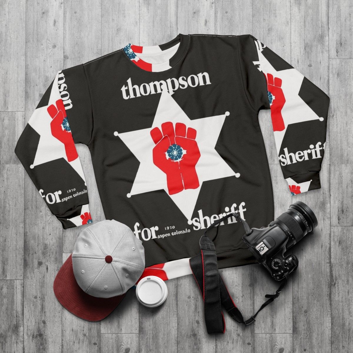 Hunter S. Thompson inspired sheriff sweatshirt with gonzo and psychedelic design - flat lay