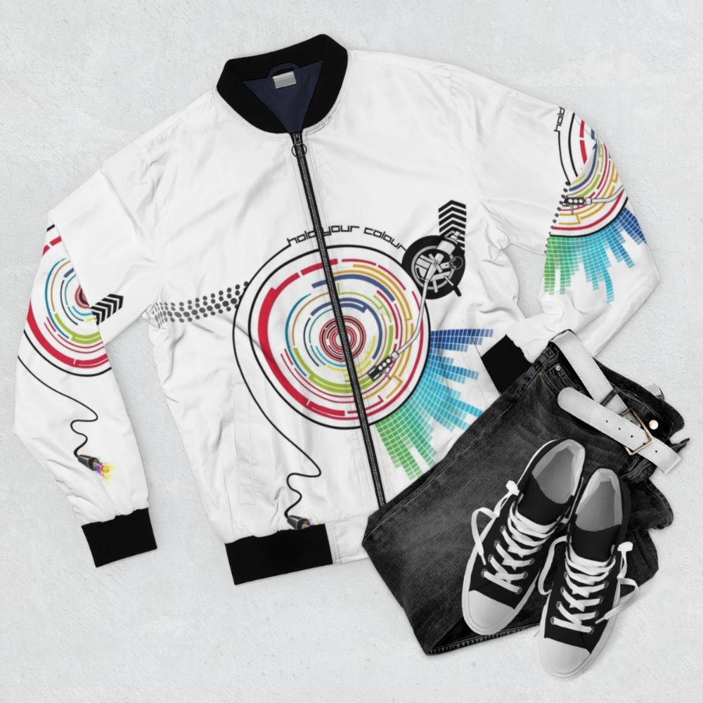 Pendulum Vinyl Music Mashup Bomber Jacket with graphic design featuring vinyl record, needle, and arrow - Flat lay