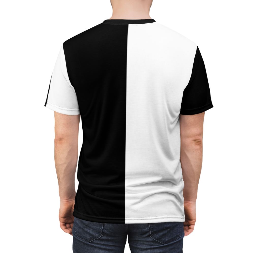 Model wearing a black and white color block graphic t-shirt - men back