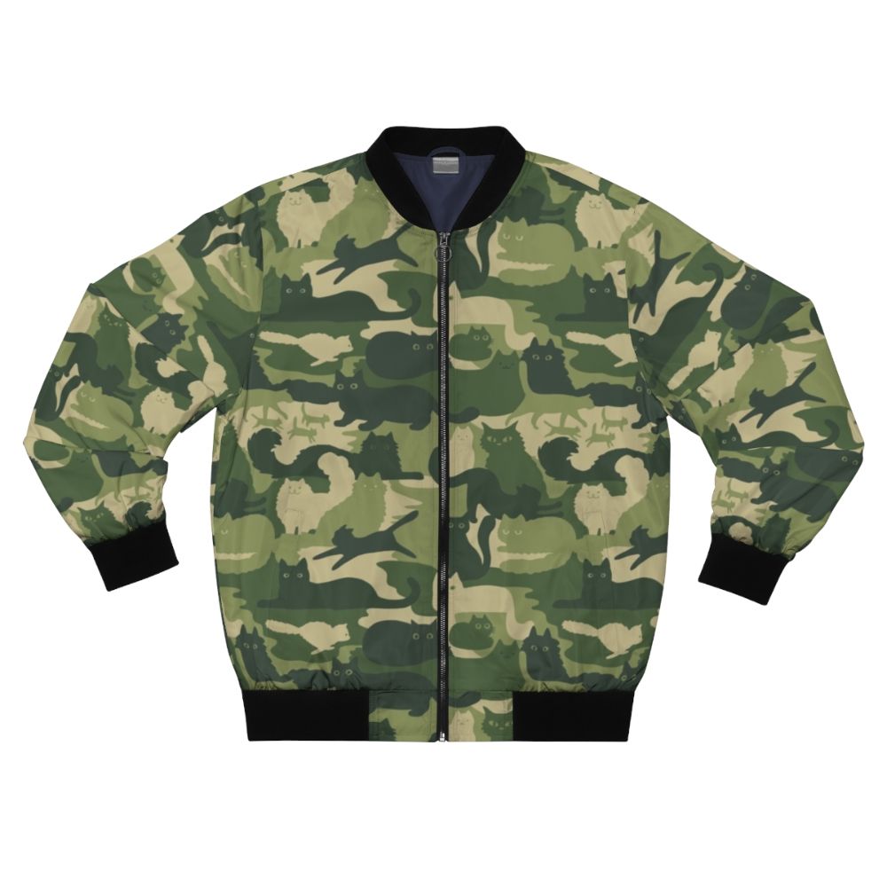 Green camouflage bomber jacket with cat silhouettes pattern