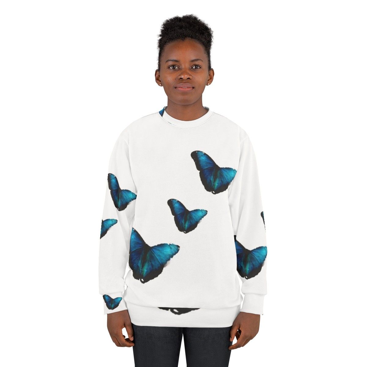 Sustainable electric blue morpho butterfly sweatshirt - women