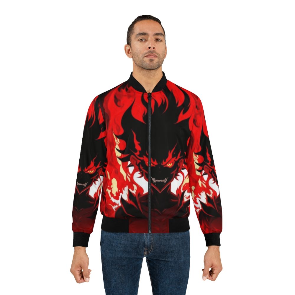 A bomber jacket featuring a fiery demon character from an anime-inspired design with Brazilian phonk music influences. - Lifestyle