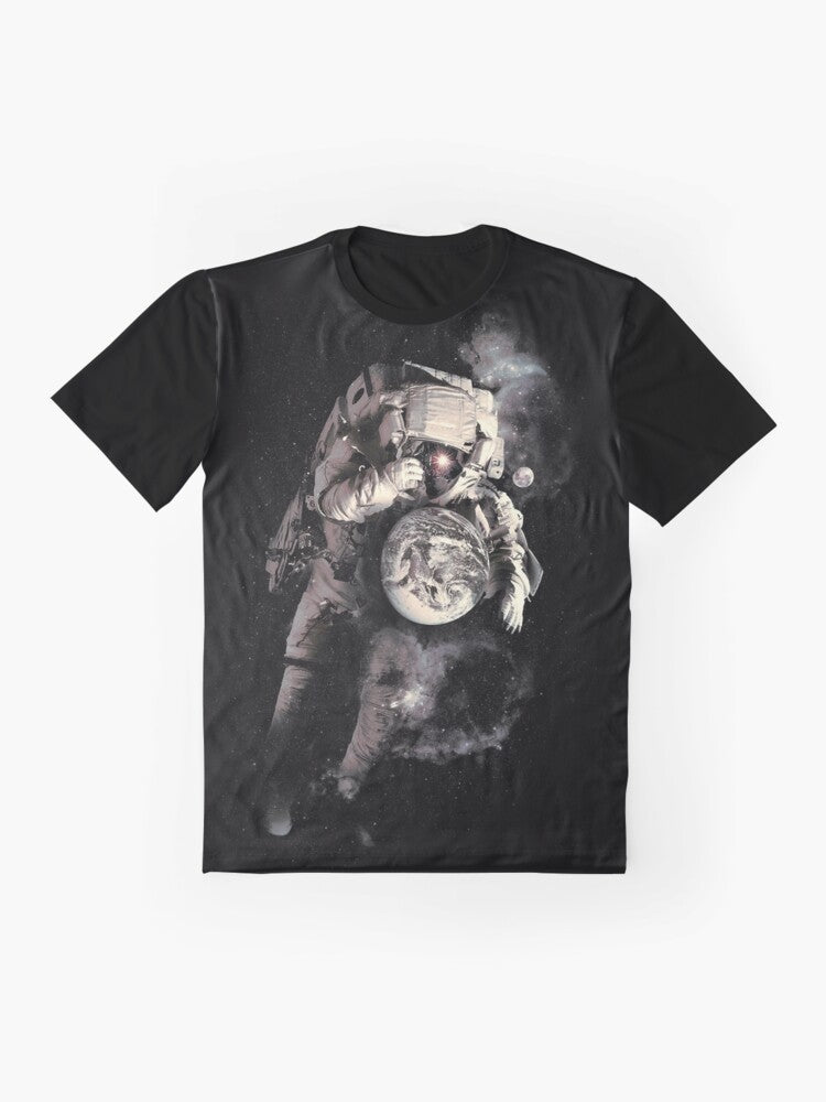 Cosmic Astronaut T-Shirt featuring a surreal graphic design of an astronaut in outer space - Flat lay