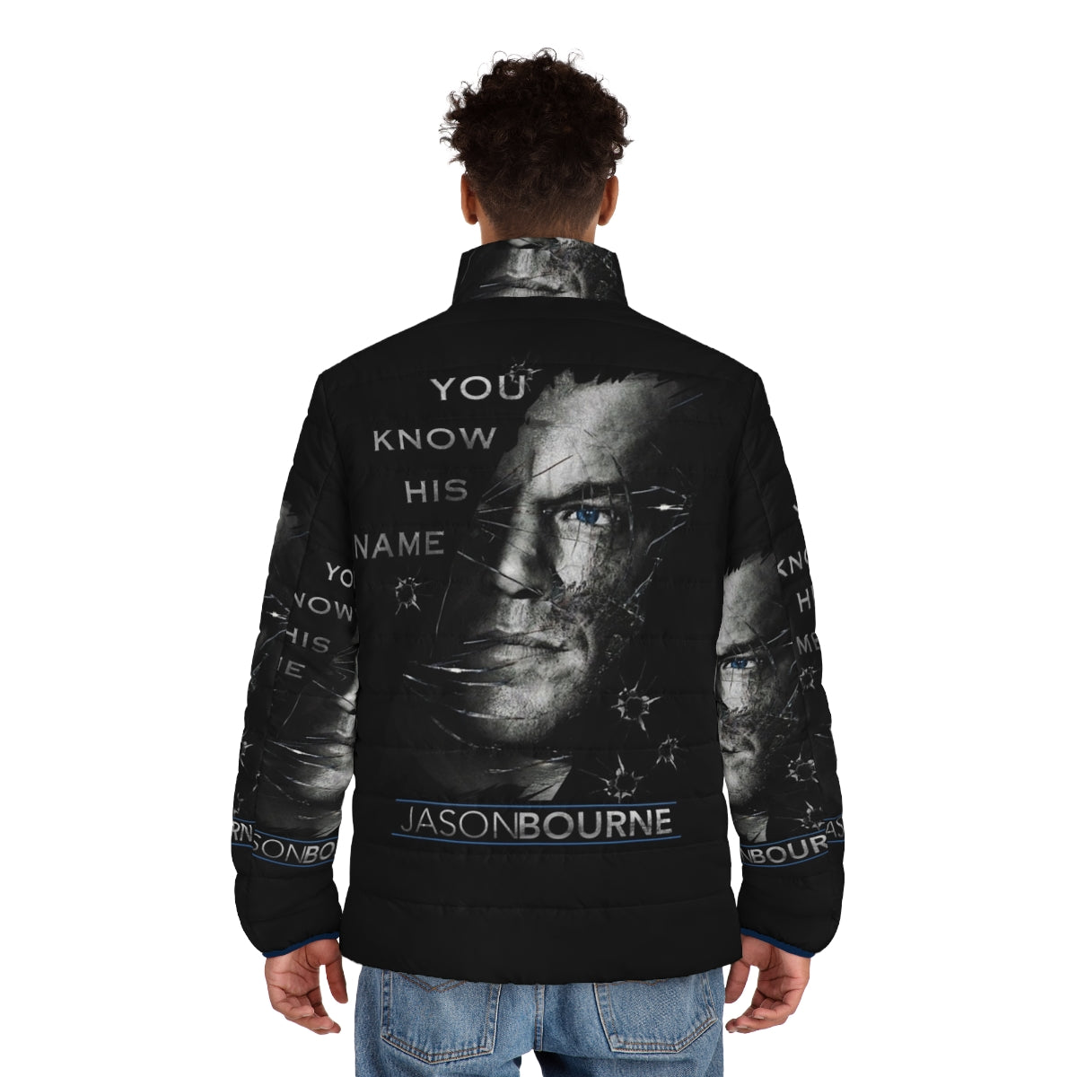 Jason Bourne Puffer Jacket featuring Matt Damon as the lead character in the Bourne spy thriller series - men back