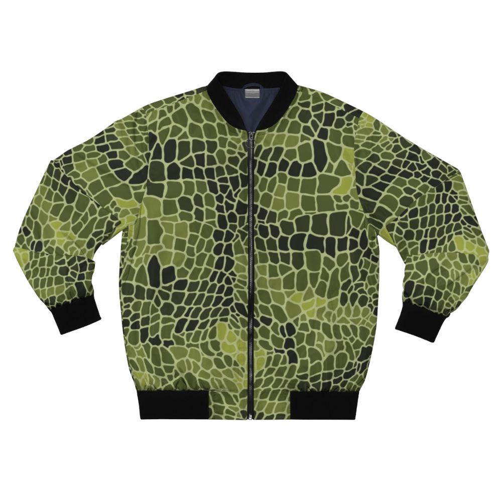 Alligator skin bomber jacket with green, textured animal pattern