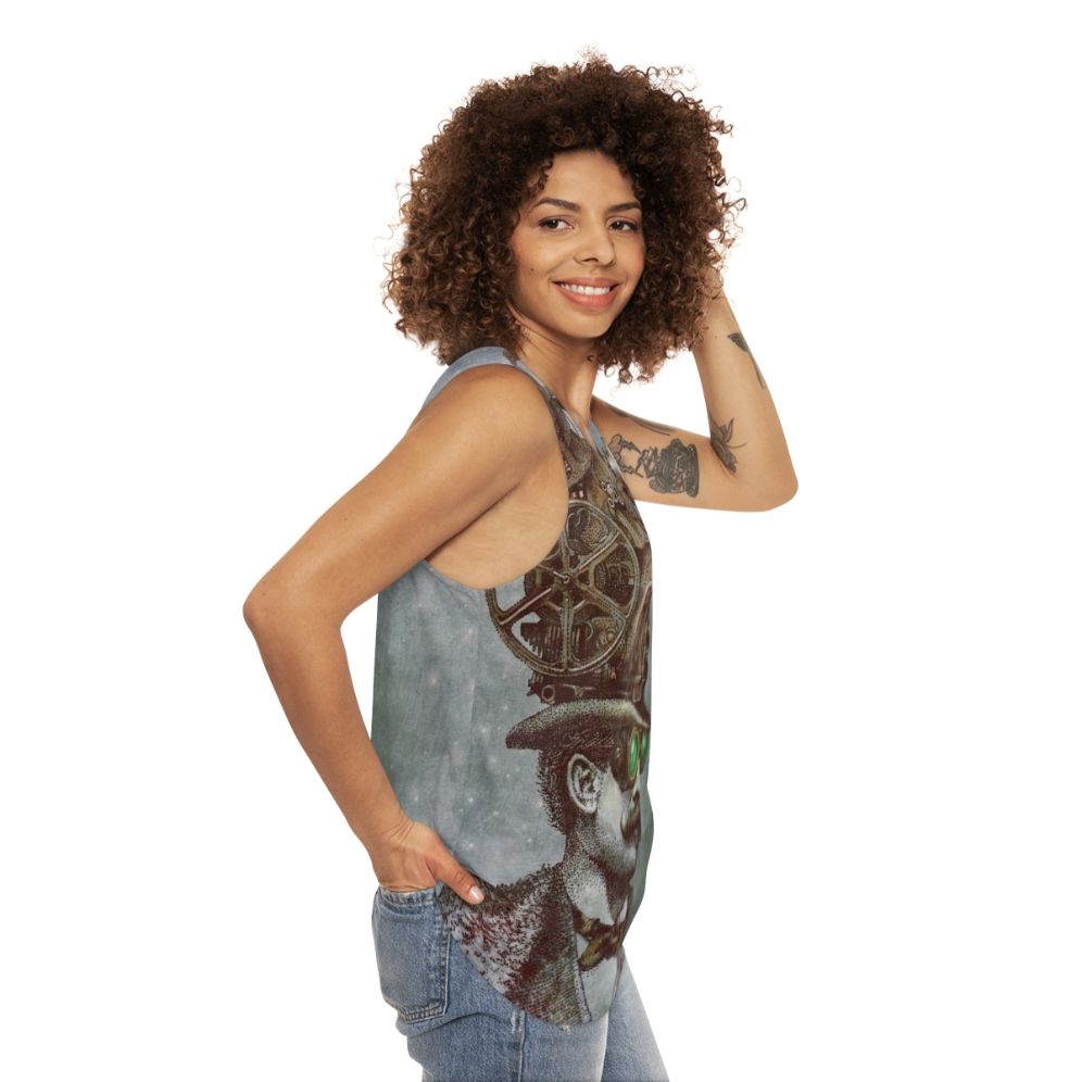 Steampunk unisex tank top with surreal mechanical design - women side