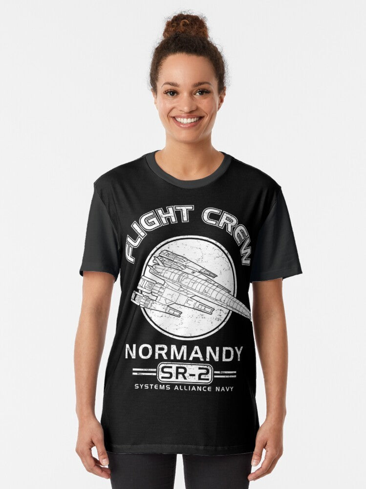 Mass Effect Normandy SR2 graphic t-shirt featuring the iconic spaceship from the popular sci-fi video game series. - Women