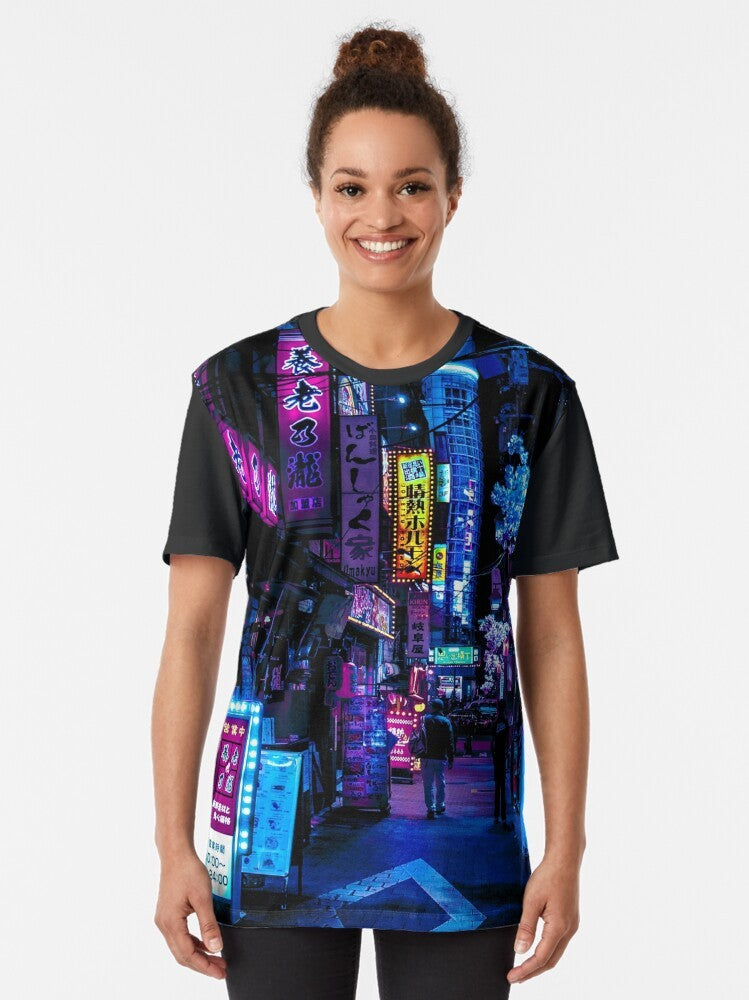 Vibrant blue Tokyo alley graphic with neon lights, cyberpunk and sci-fi inspired design. - Women