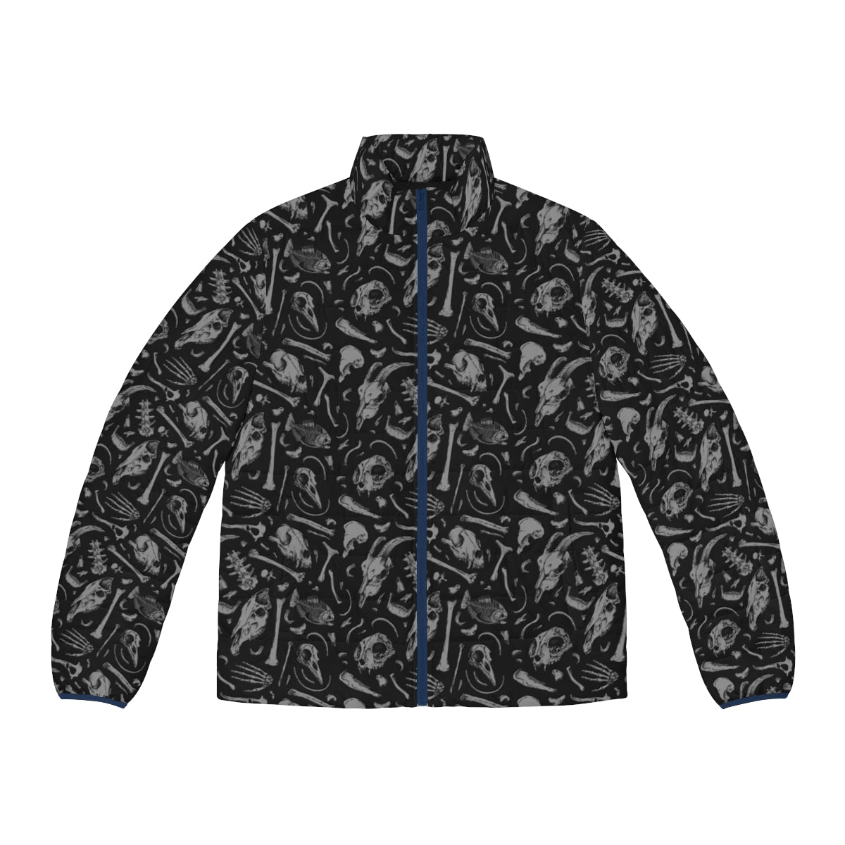 Bones Puffer Jacket - A dark and edgy patterned winter coat featuring a skull and cat design