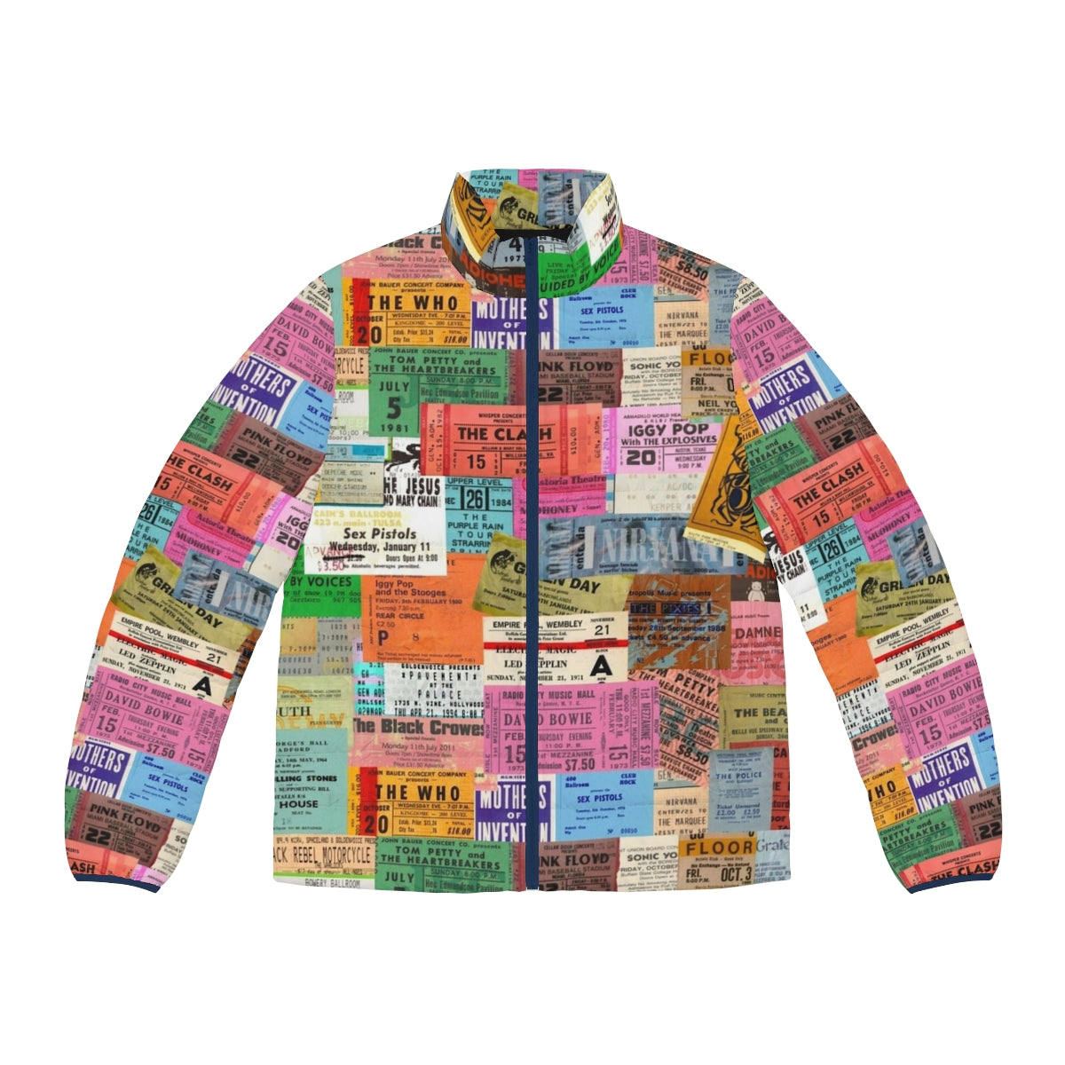 Puffer jacket featuring vintage concert ticket stubs design for music fans