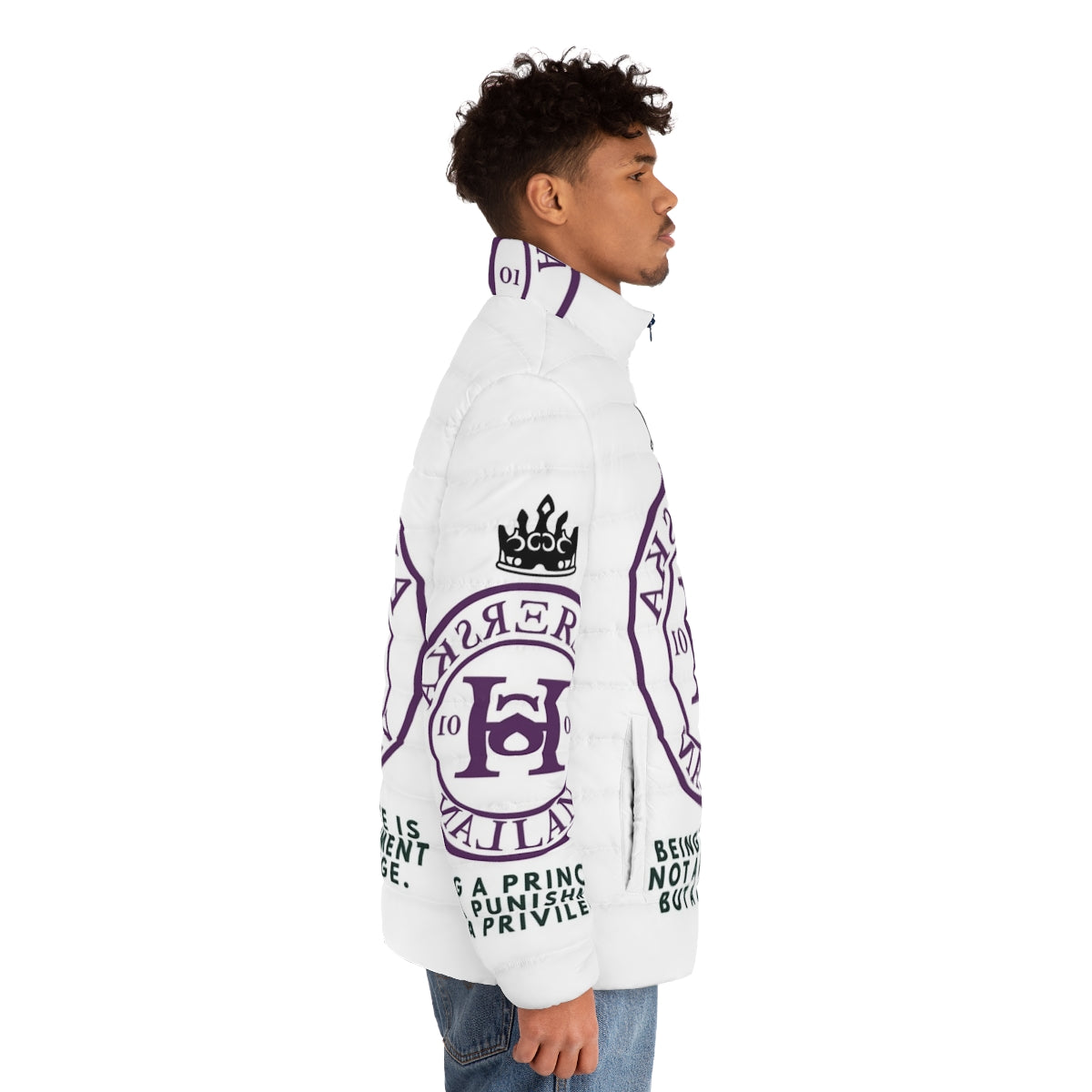 Hillerska Skolan Young Royals Puffer Jacket featuring characters Simon and Wilhelm from the Netflix series - men side right