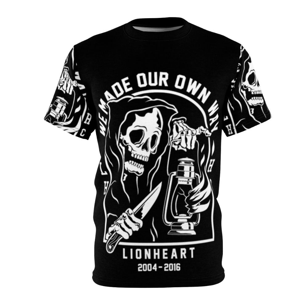 Heavy metal inspired t-shirt with skull, grim reaper, and metal band imagery