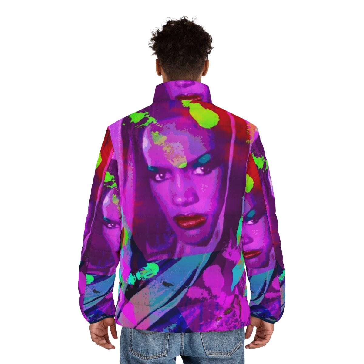 Grace Jones inspired LGBTQIA+ puffer jacket with bold, hedonistic design - men back