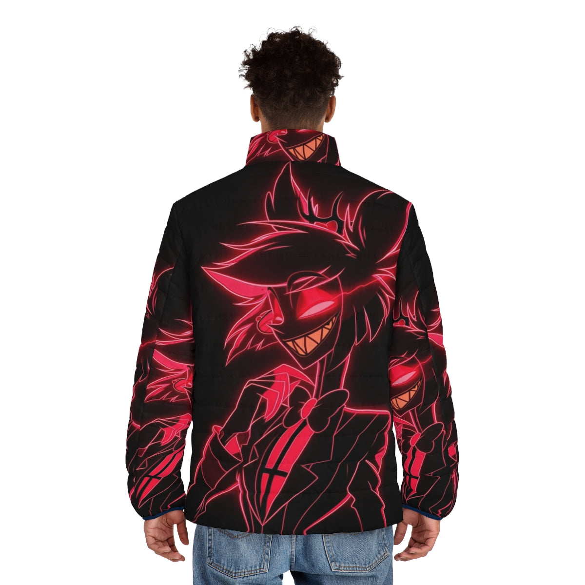 Neon Alastor Puffer Jacket featuring the Radio Demon from Hazbin Hotel - men back