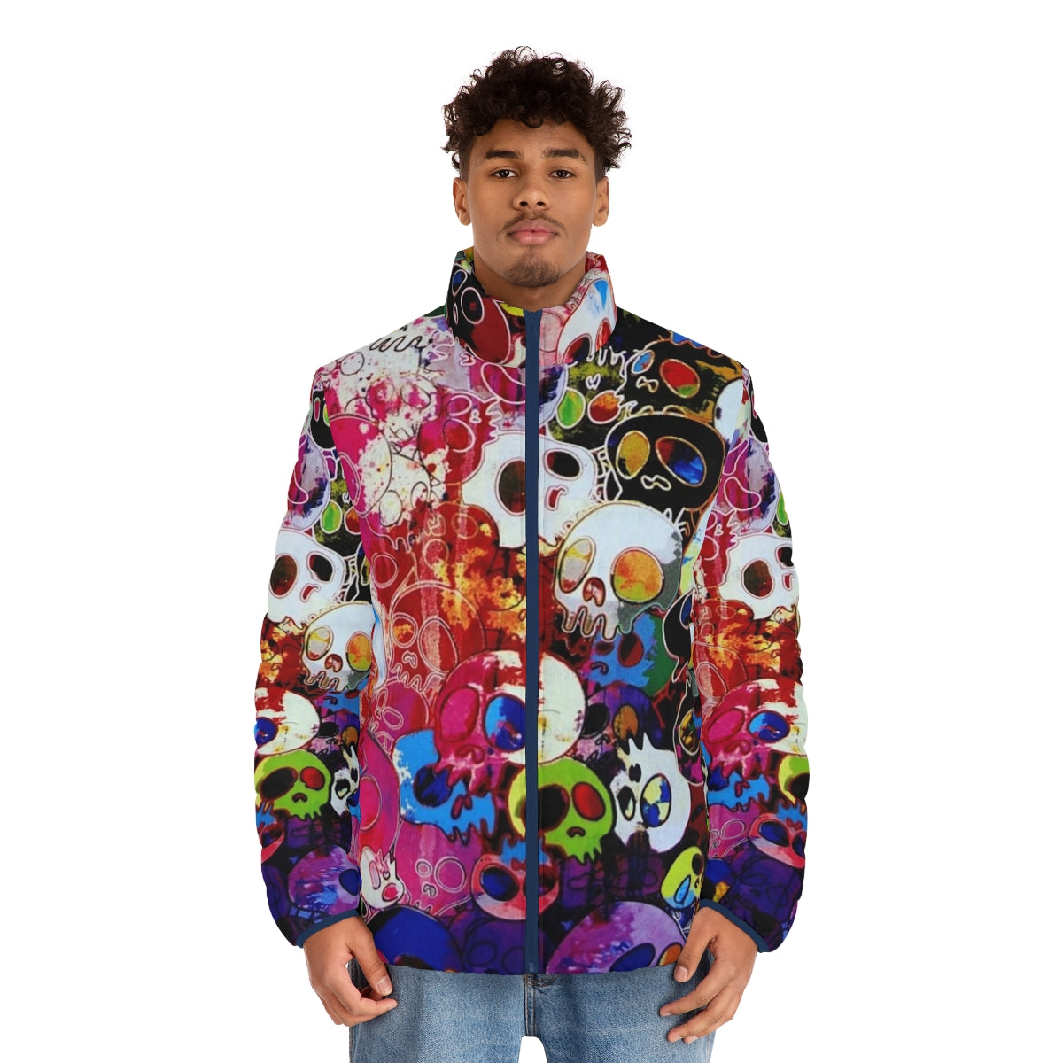 Colorful rainbow skull puffer jacket featuring Takashi Murakami's iconic flower design - men front