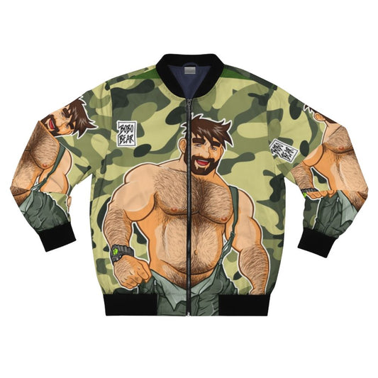 Camouflage bomber jacket with bear and pride design