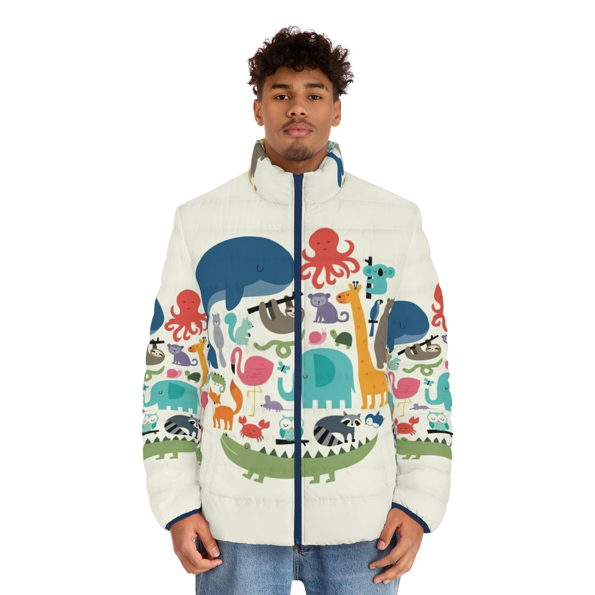 Model wearing the We Are One puffer jacket featuring various animal designs - men front