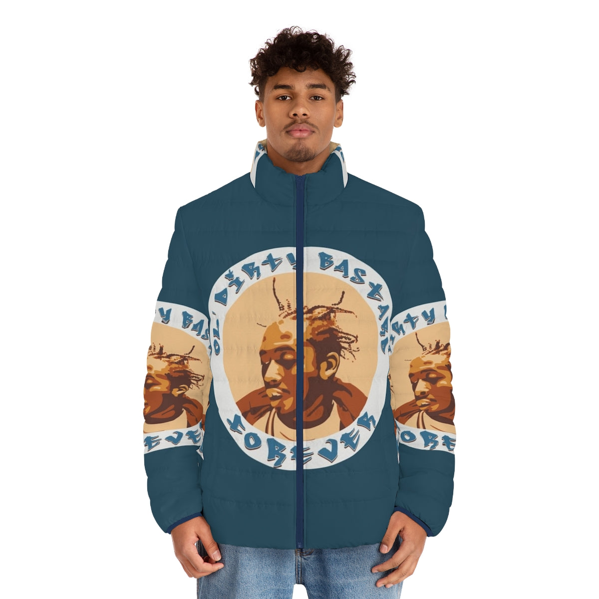 Ol Dirty Bastard Forever Tribute Puffer Jacket with focus on 90s East Coast hip hop - men front