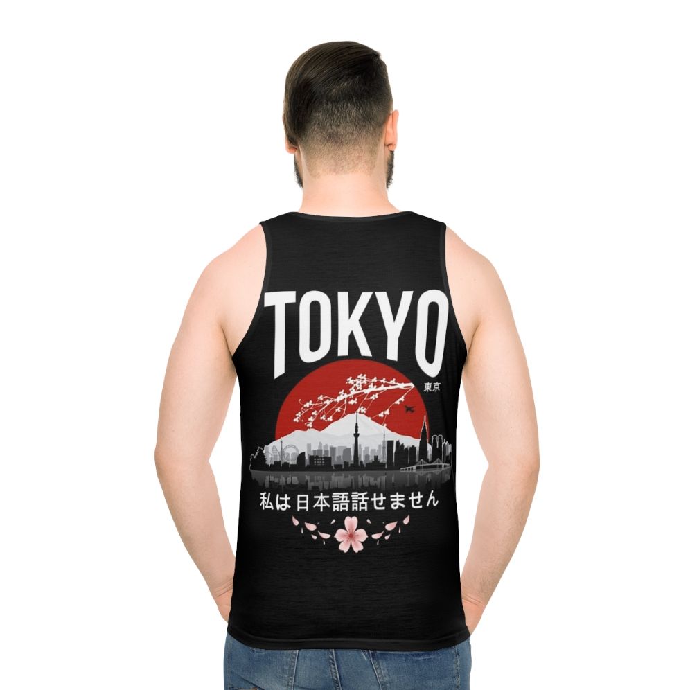 Tokyo Unisex Tank Top featuring "I Don't Speak Japanese" design - men back