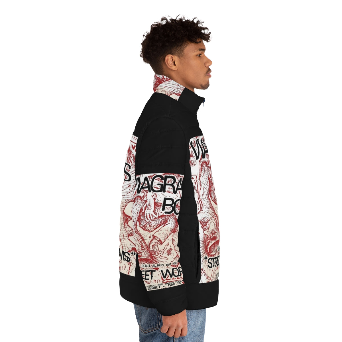 Viagra Boys Street Worms Puffer Jacket featuring yin yang pattern and minimalist design - men side right