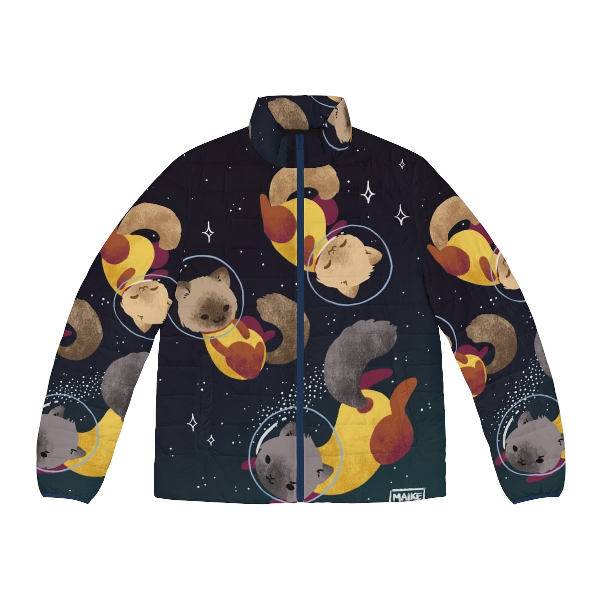 Space Cats Puffer Jacket featuring a digital illustration of adorable cats in a cosmic setting