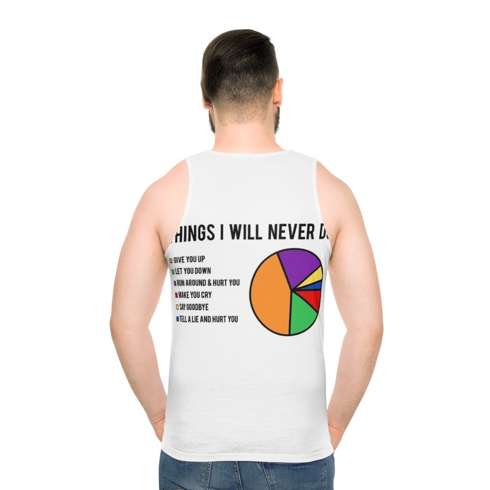 Unisex tank top featuring the "Never Gonna Give You Up" music joke - men back