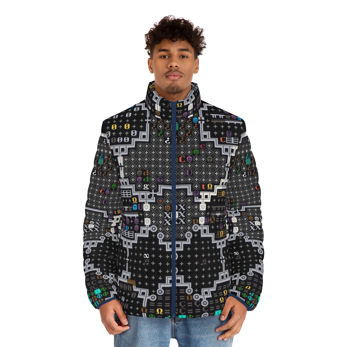 Dwarf Fortress inspired puffer jacket with retro pixel art tiles - men front