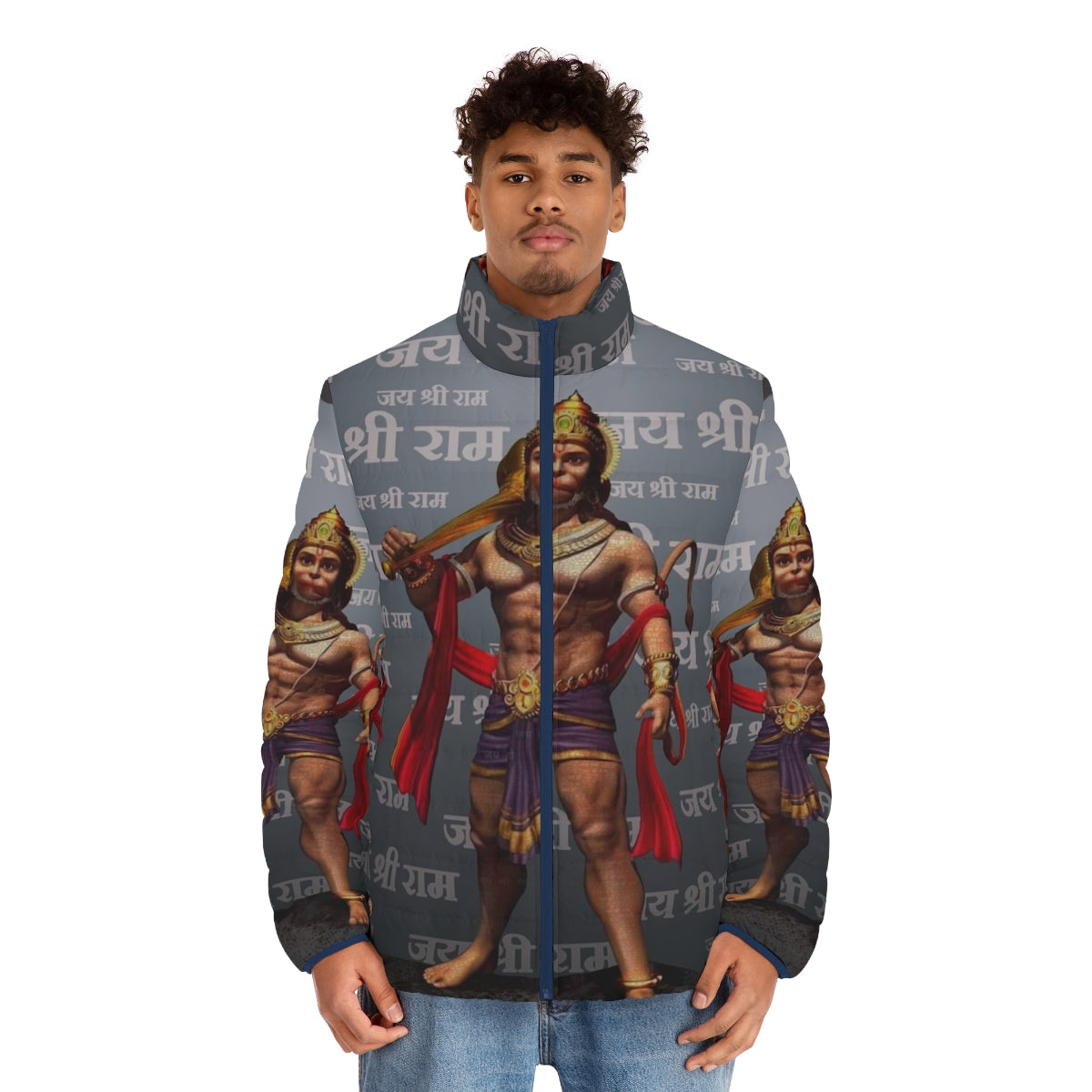 Lord Hanuman puffer jacket featuring the Hindu god and the phrase "Jai Sri Ram" - men front