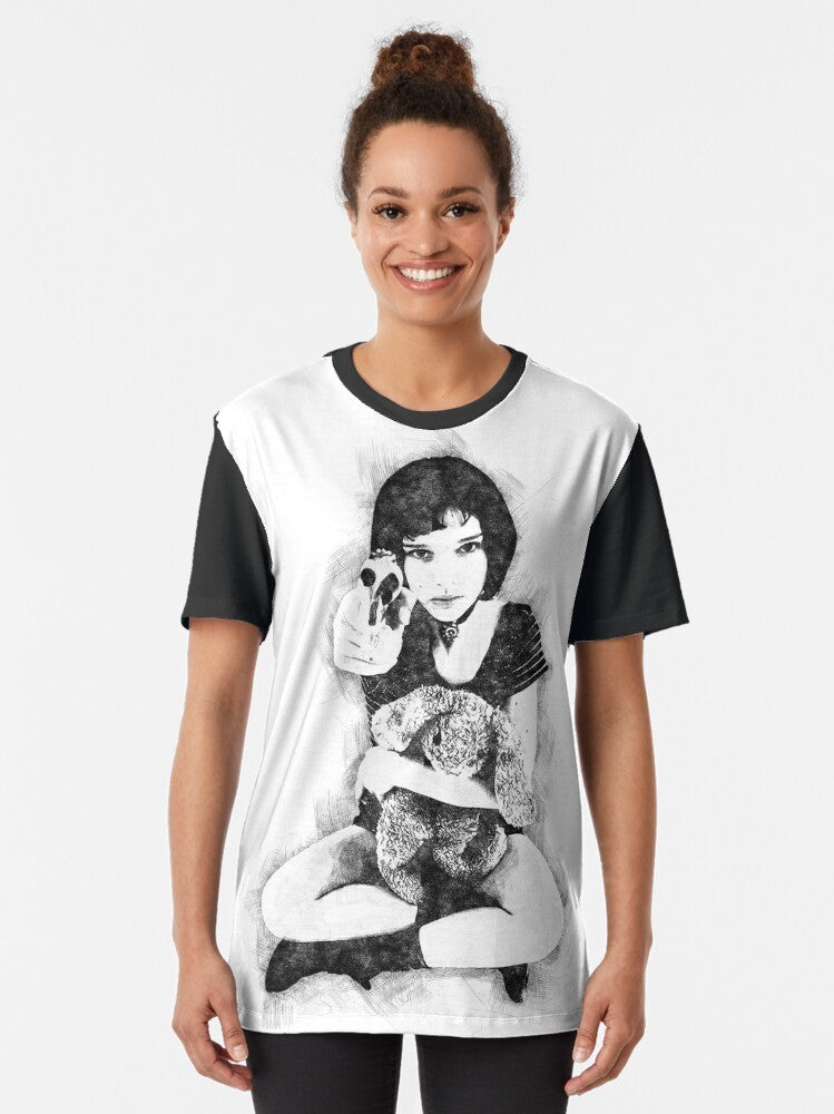 Mathilda from the classic 90s movie Leon the Professional pen sketch on a black t-shirt - Women